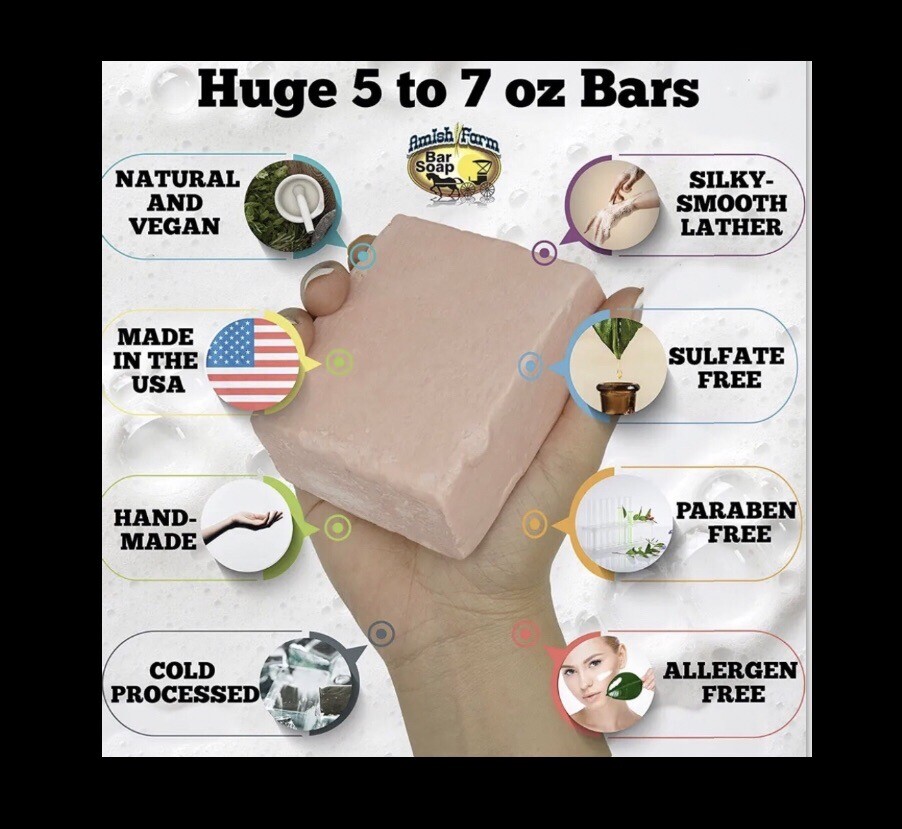 *Amish Farm Worlds Best Quality Bar Soap (Pack of 5) each Bar Is 3”x3”x1.25”