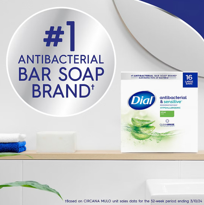 Dial Bar Soap Antibacterial & Sensitive with Aloe, 16 Pack/4 oz Each