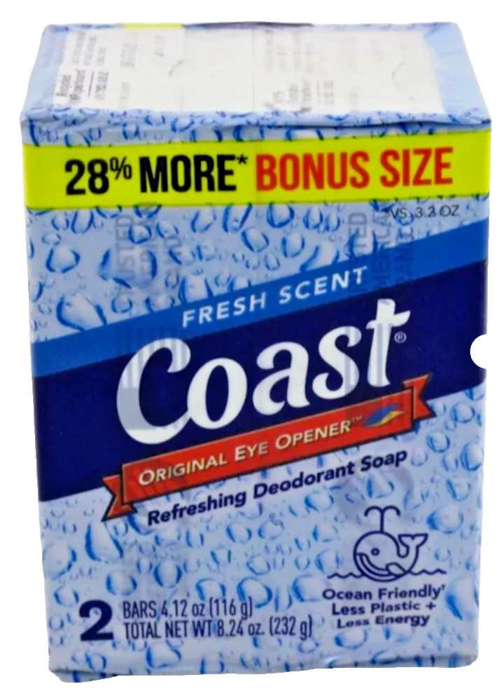 2 Packs Coast Refreshing Deodorant Soap Bar Fresh Scent, Original (4 Bars Total)