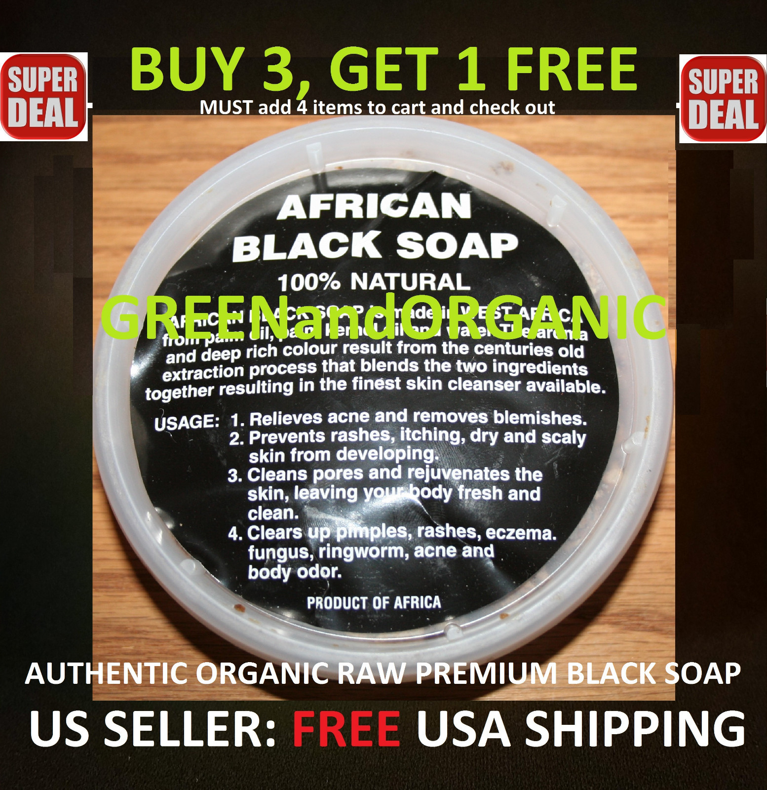 8oz/ 1/2 Lb HIGHEST Quality 100%ORGANIC VIRGIN RAW AFRICAN BLACK SOAP Unscented
