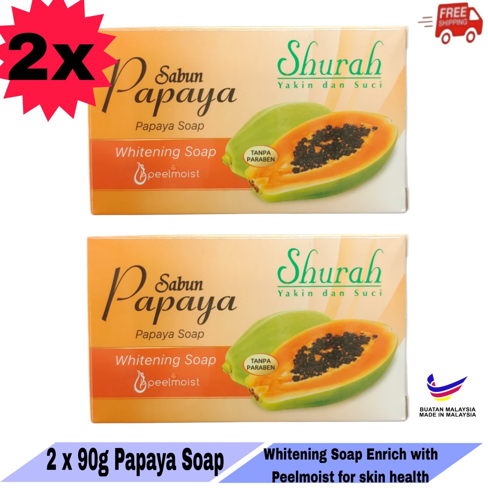 2x Papaya Extract Whitening Soap with Peelmoist for Skin Moisture-FREE SHIPPING