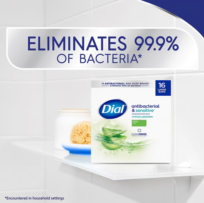 Dial Bar Soap Antibacterial & Sensitive with Aloe, 16 Pack/4 oz Each