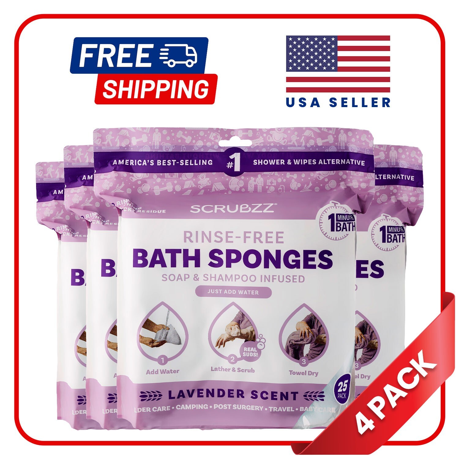 Scrubzz Disposable Rinse Free Bathing Sponges – Lavender, 100 Count