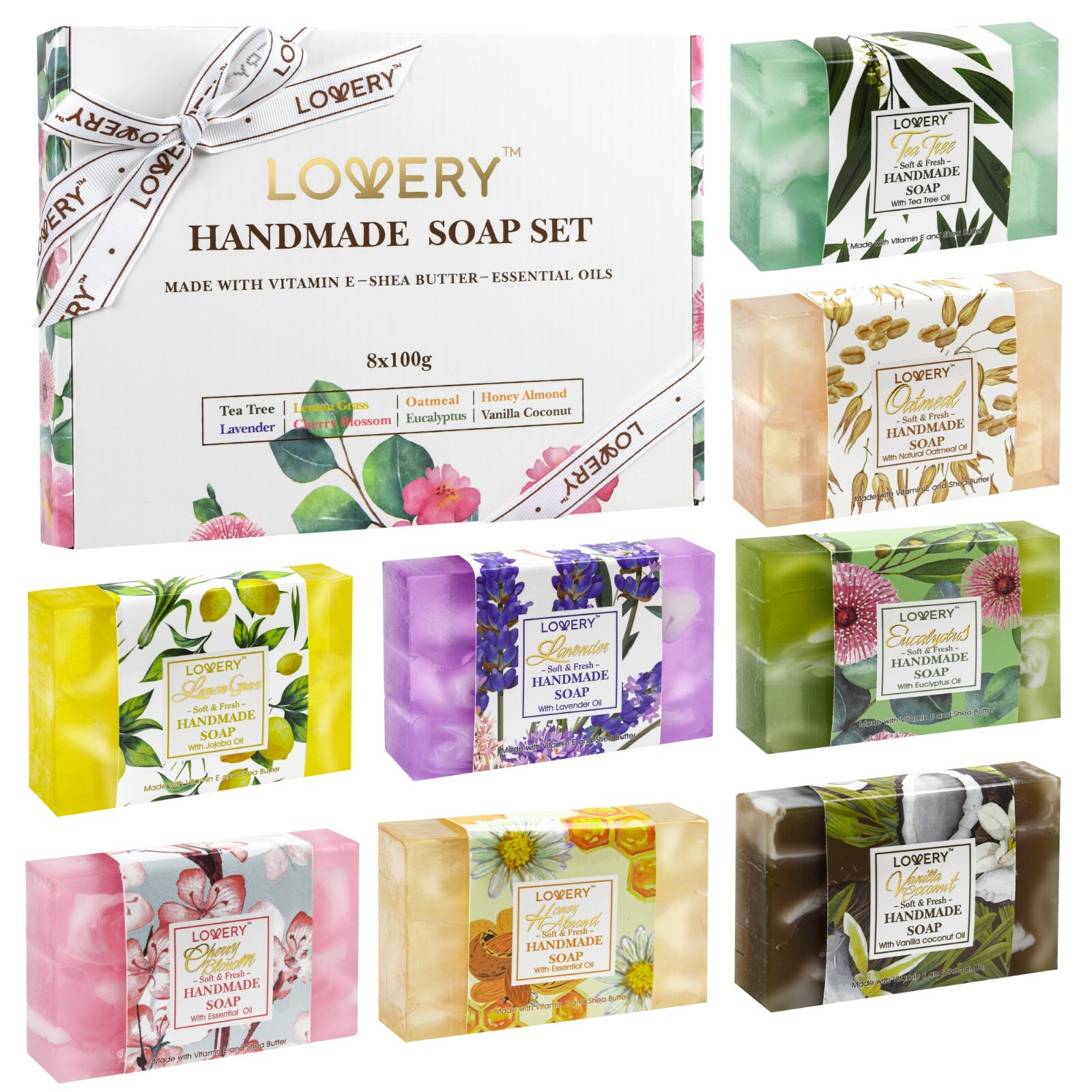 Handmade Soap Set – 8 Piece Variety Pack Luxury Bath Soap Gift Box – 100g Each