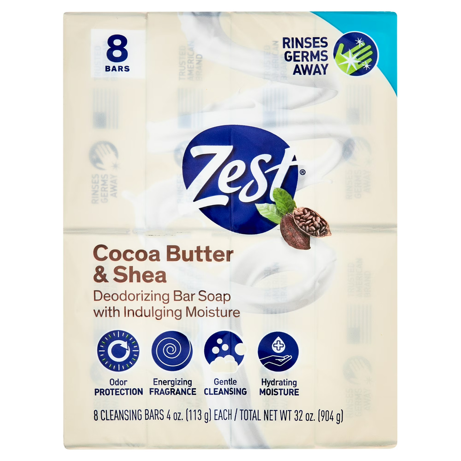 Zest Cocoa Butter Shea Bar Soap 4oz Moisturizing Body Soap Free Scented 8 Pack
