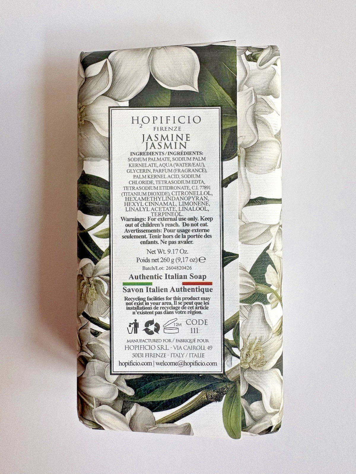Hopificio Firenze Jasmine Luxury Bath Triple Milled Bar Soap Italy 9.17 oz New