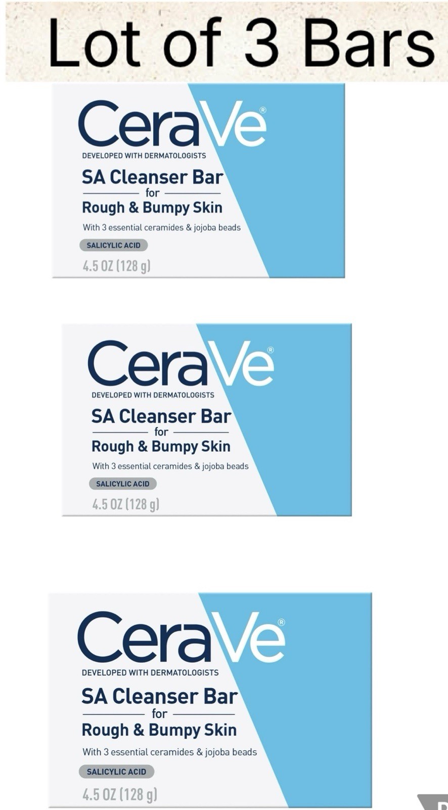 3 Bars CeraVe SA Cleanser Soap Bumpy Skin/Salicylic Acid 4.5 oz Ea/13.5 Oz Total