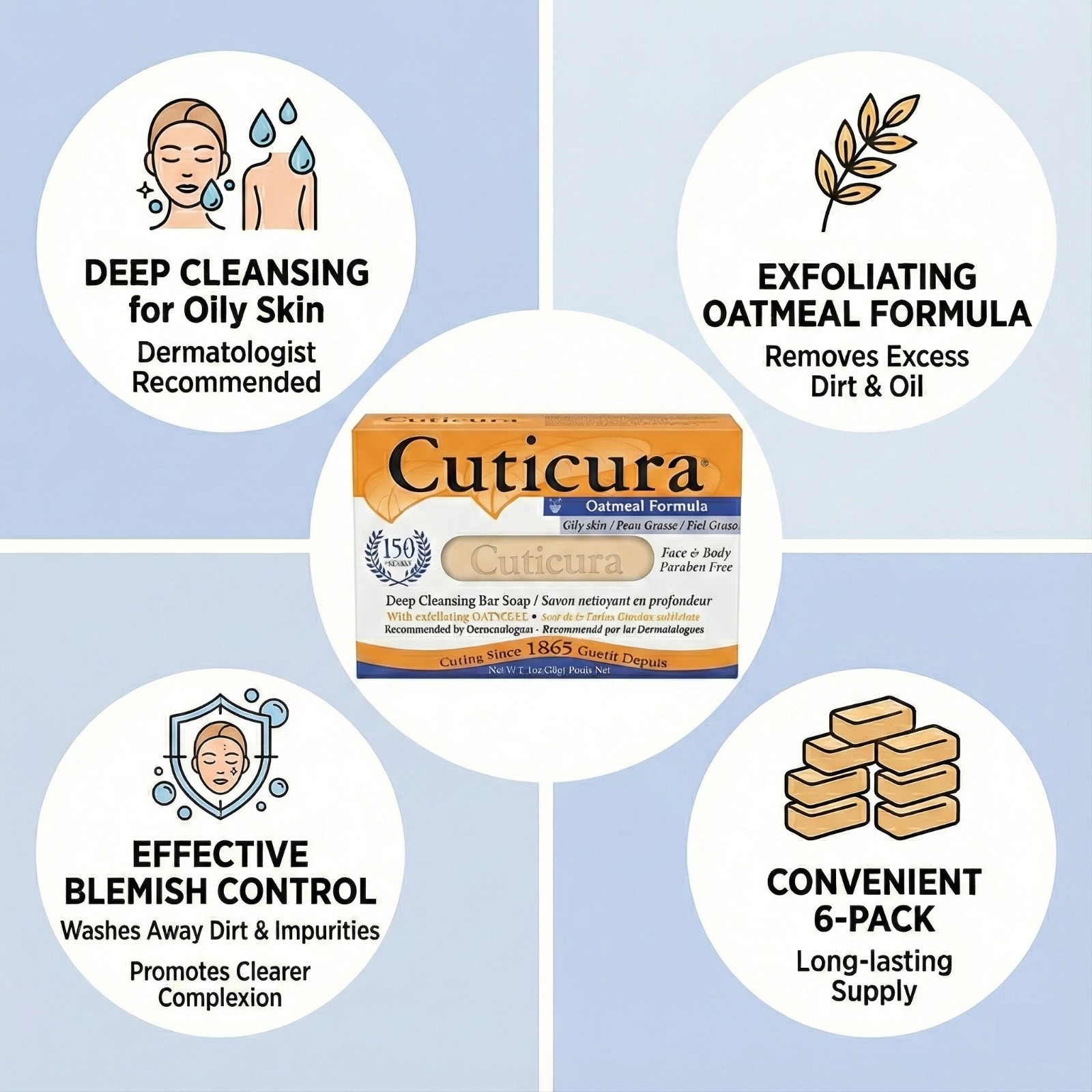Cuticura Oatmeal Formula Deep Cleansing Bar Soap – Oily – 3 OZ (Pack of 6)