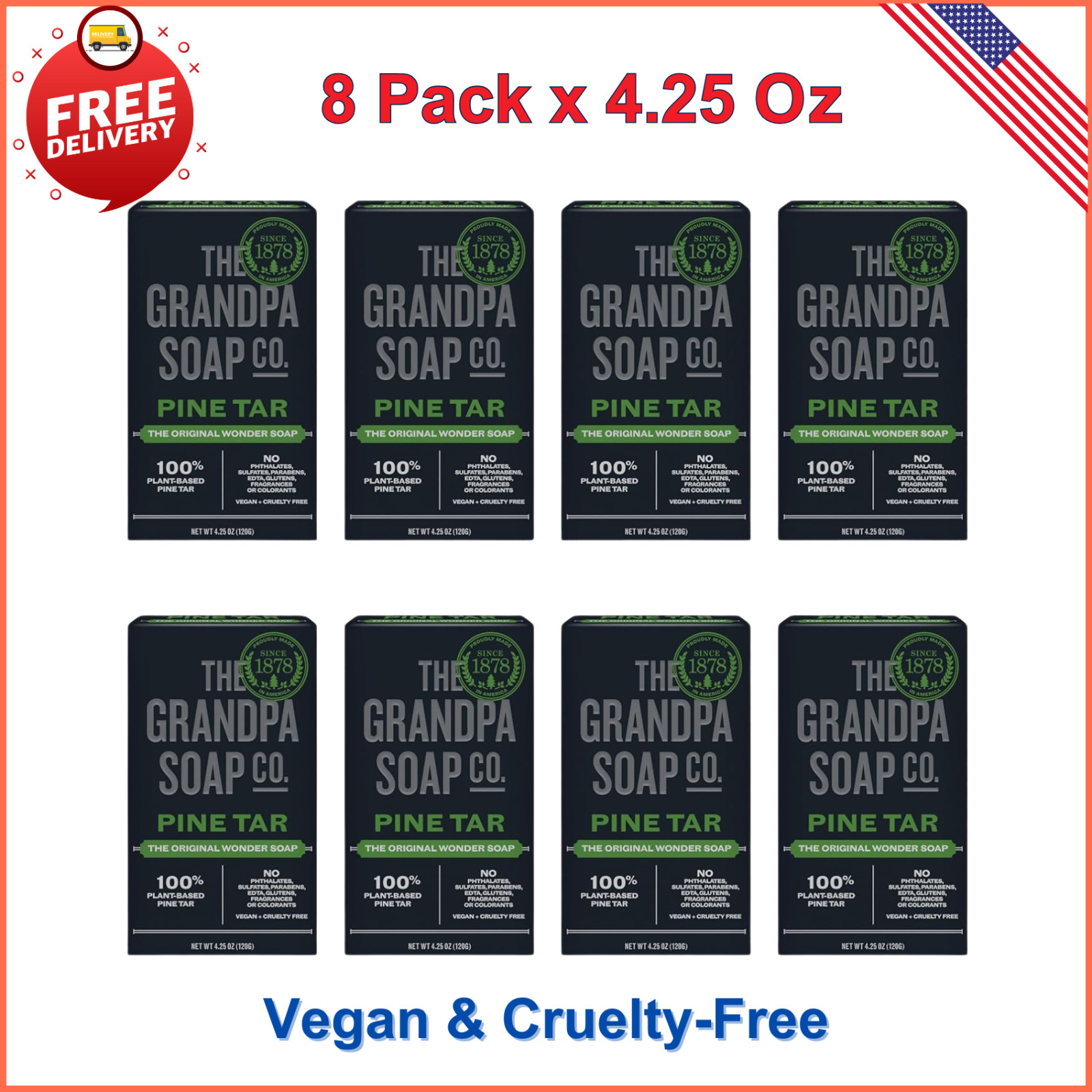 Grandpa Soap Pine Tar Bar Soap 4.25 Oz, 8 Pack Cleanser Deodorizer & Moisturizer