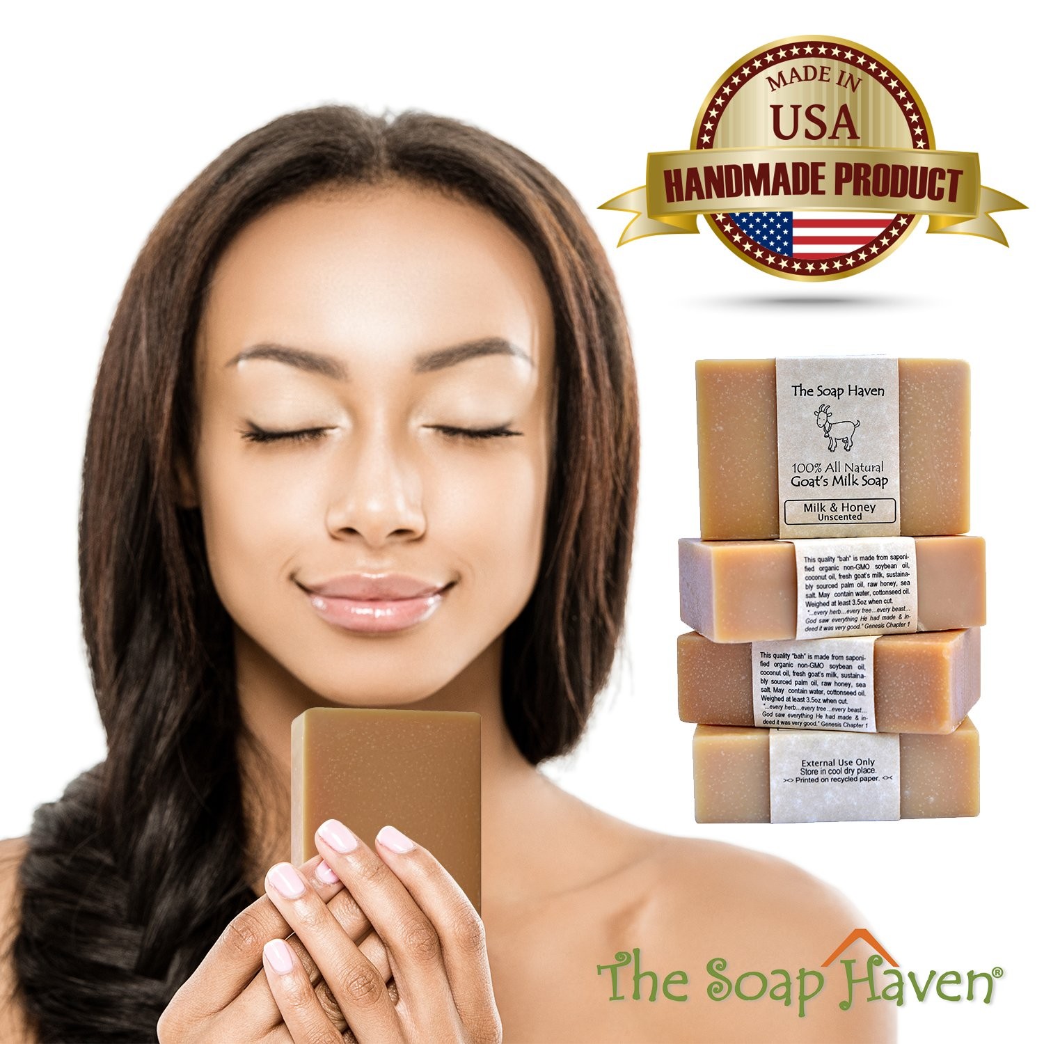 4 Goat Milk Soap Bars with Honey Handmade in USA. All Natural Soap, Unscent…