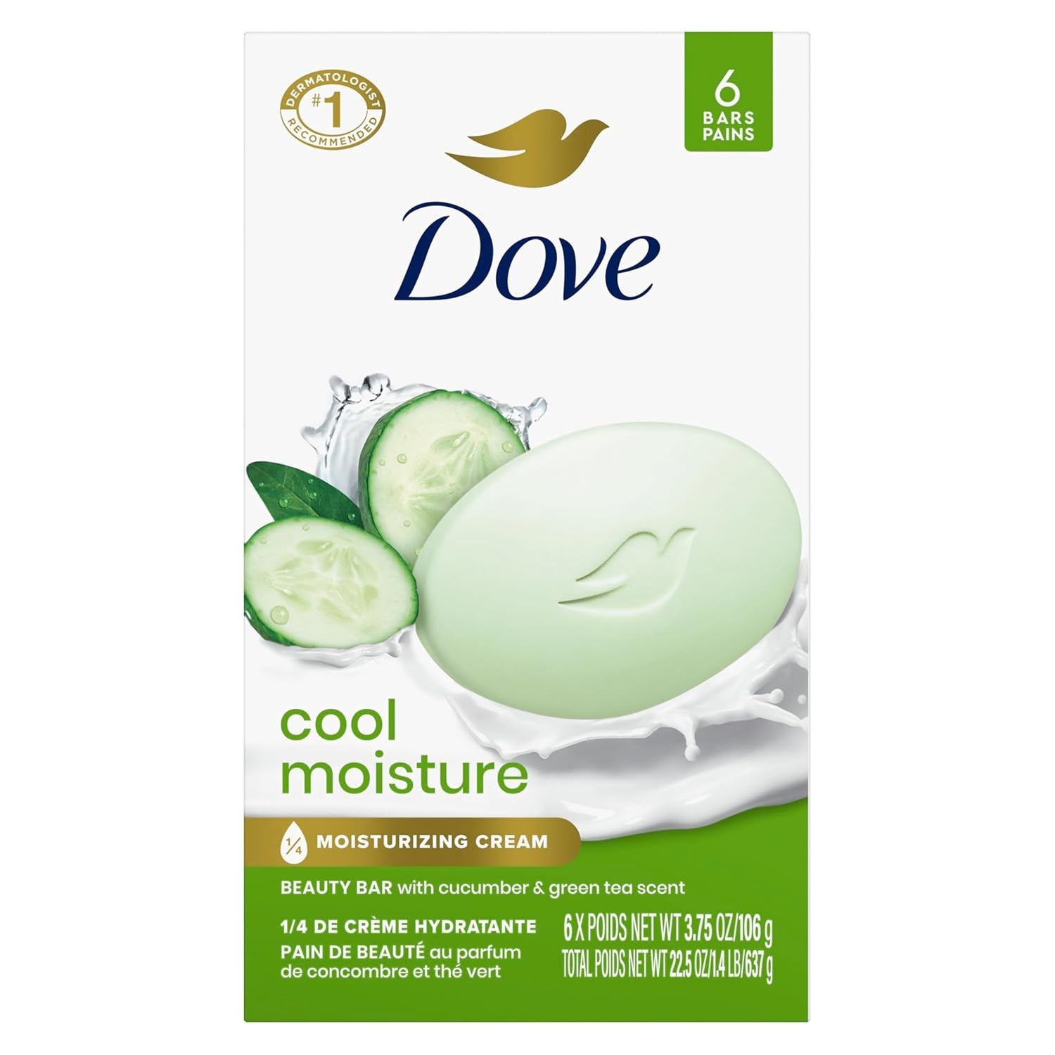 Dove Beauty Bar Soap Cool Moisture Cucumber & Green Tea Scent, 6 Bars for Refres