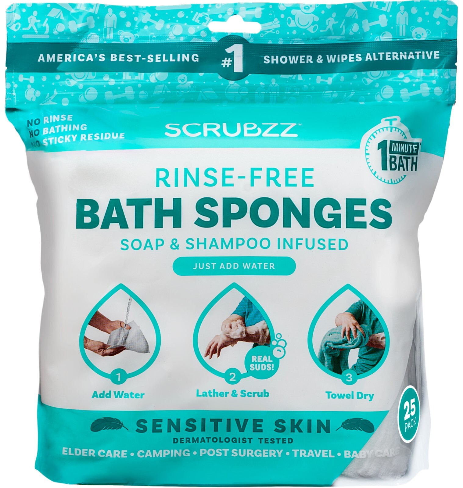 Scrubzz Disposable Rinse Free Bathing Sponges – Sensitive Skin, 50 Count