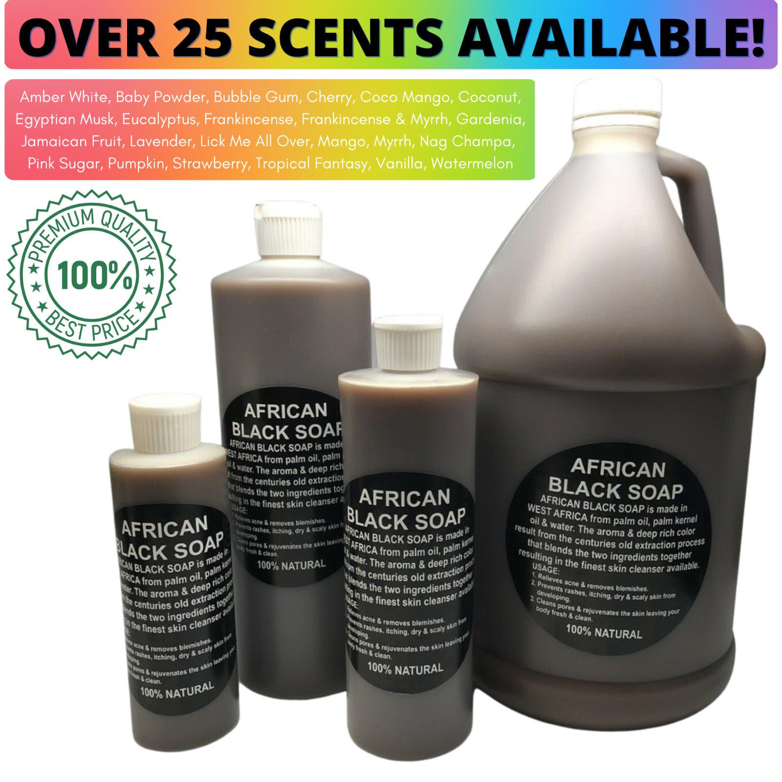 SCENTED Liquid Raw African Black Soap – 100% Pure Natural Organic Face Body Wash