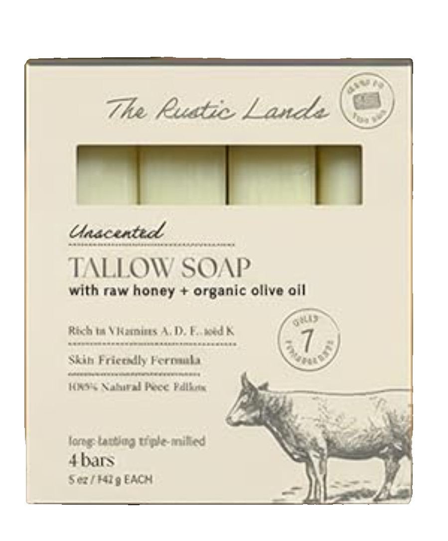 THE RUSTIC LANDS Grass Fed Beef Tallow Soap 4 Bar w/ Honey & Olive Oil Unscented