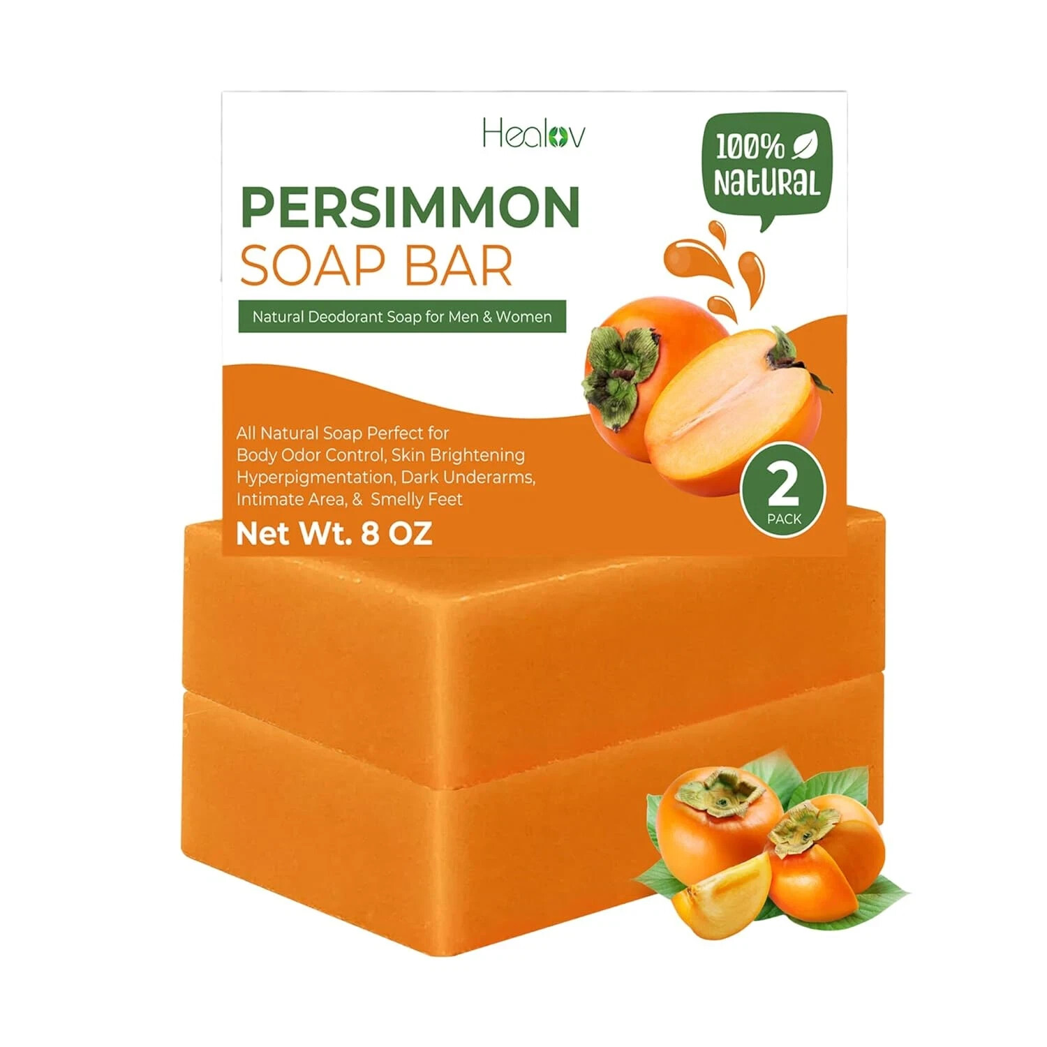 Persimmon Soap Bar Body Odor Control Deodorant Soap for Men & Women ( 2 X 8oz )