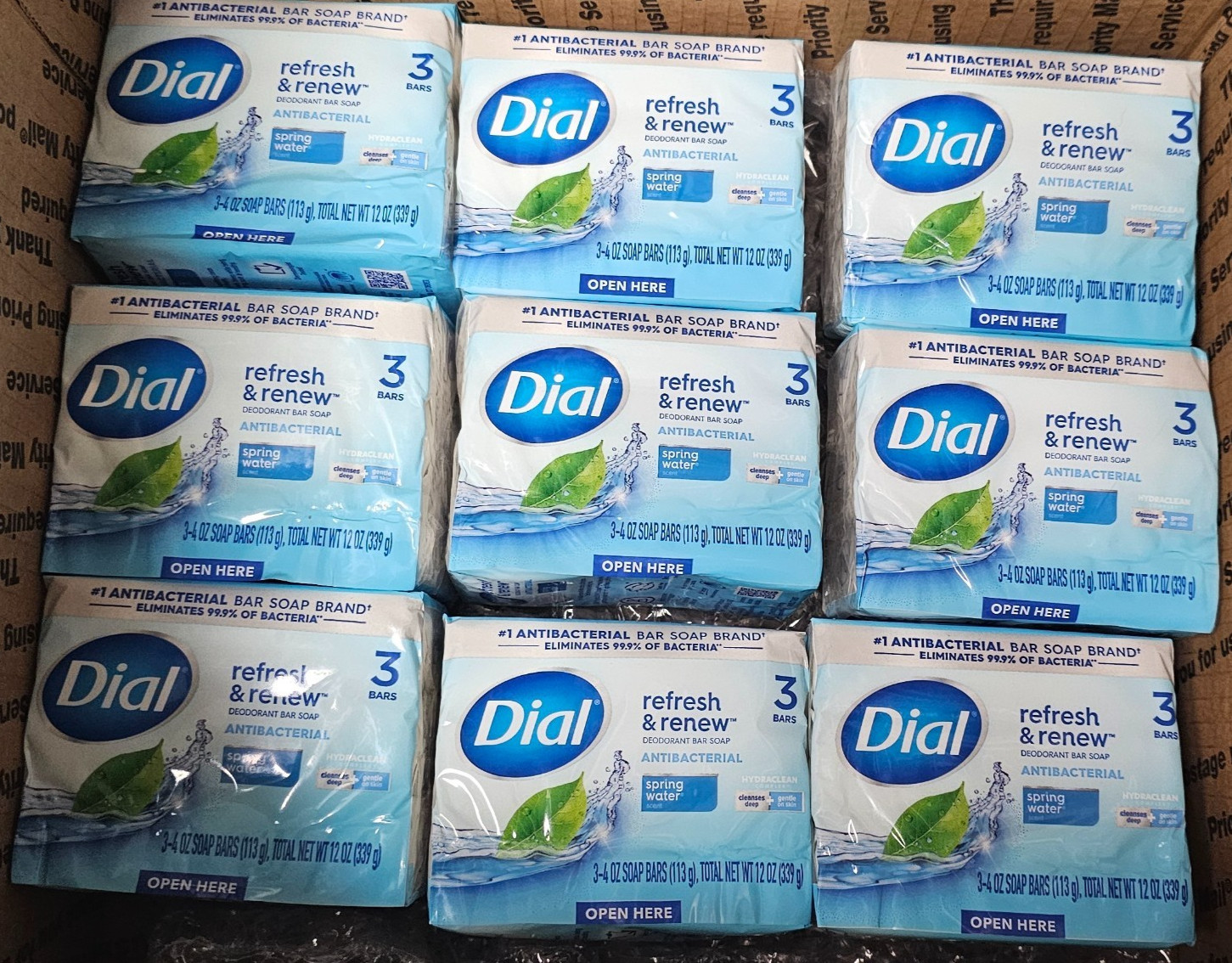 9X DIAL SPRING WATER Refresh & Renew Antibacterial (3) Bars/pk TOTAL 27-4oz Bars