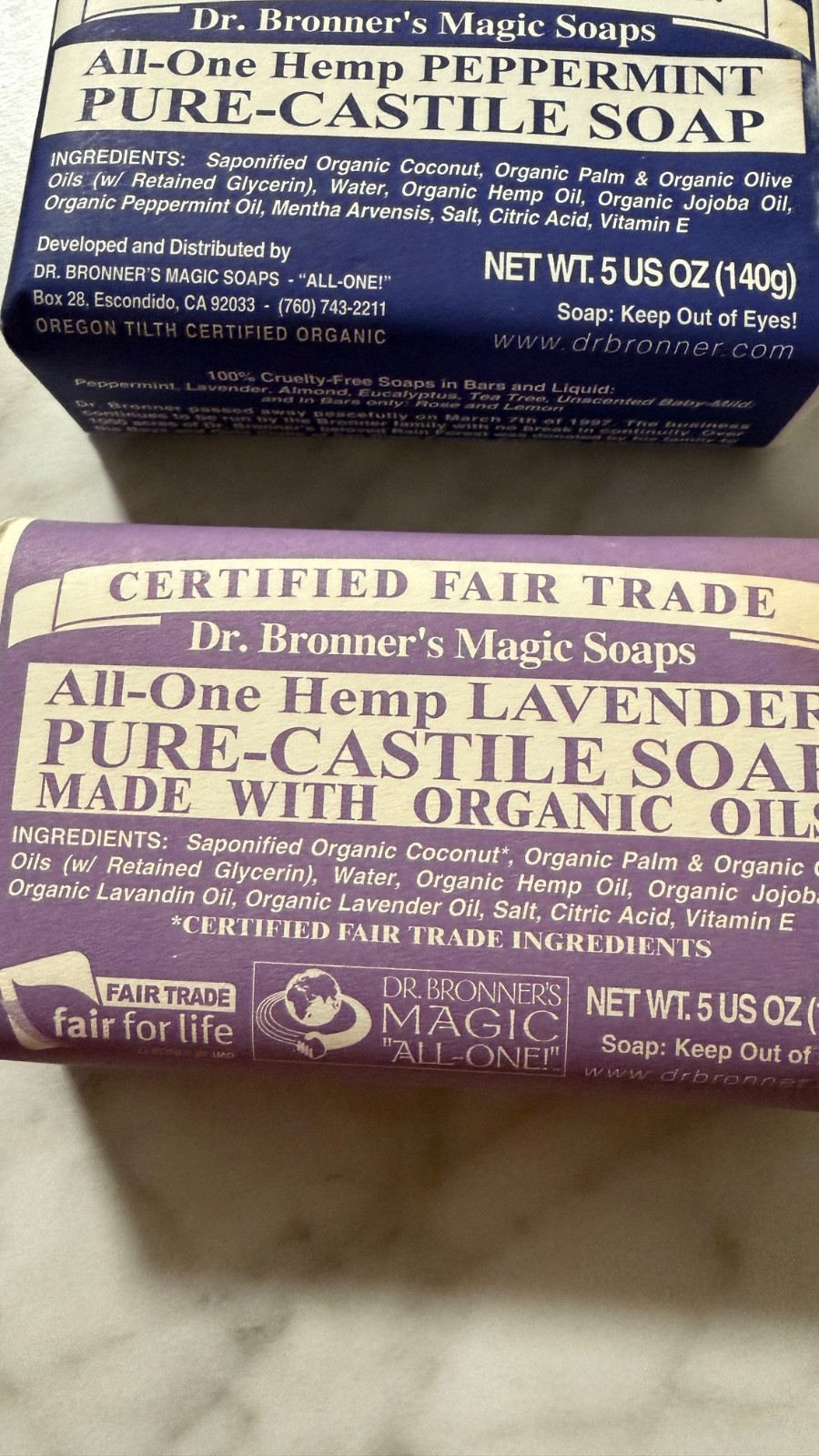 Dr Bronner’s Pure Castille Peppermint Bar Soap & A Lavender Soap. ( 2 PK)