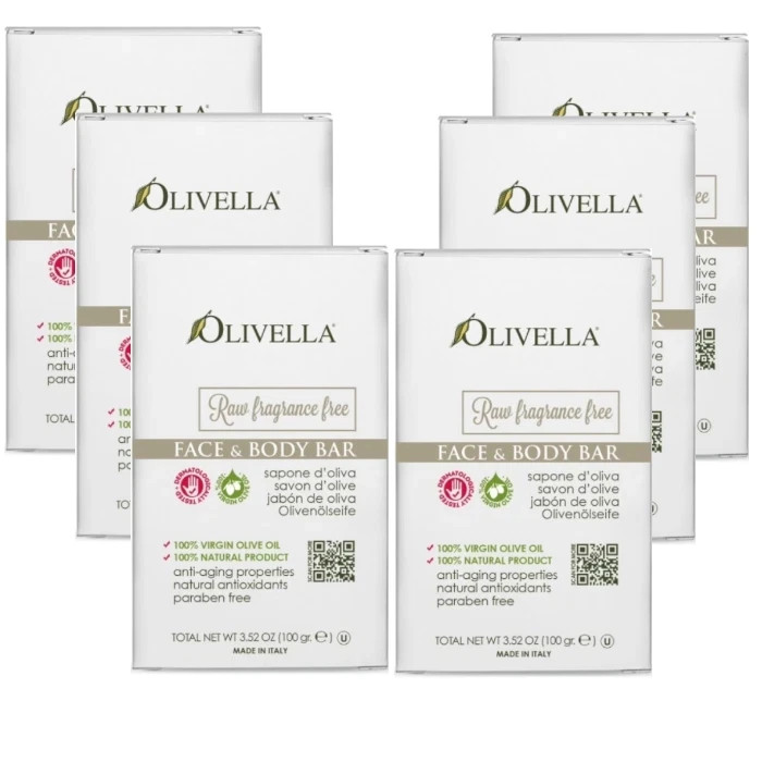 Olivella Face & Body Bar Soap Raw Fragrance Free 3.52 oz Each (Pack of 6)