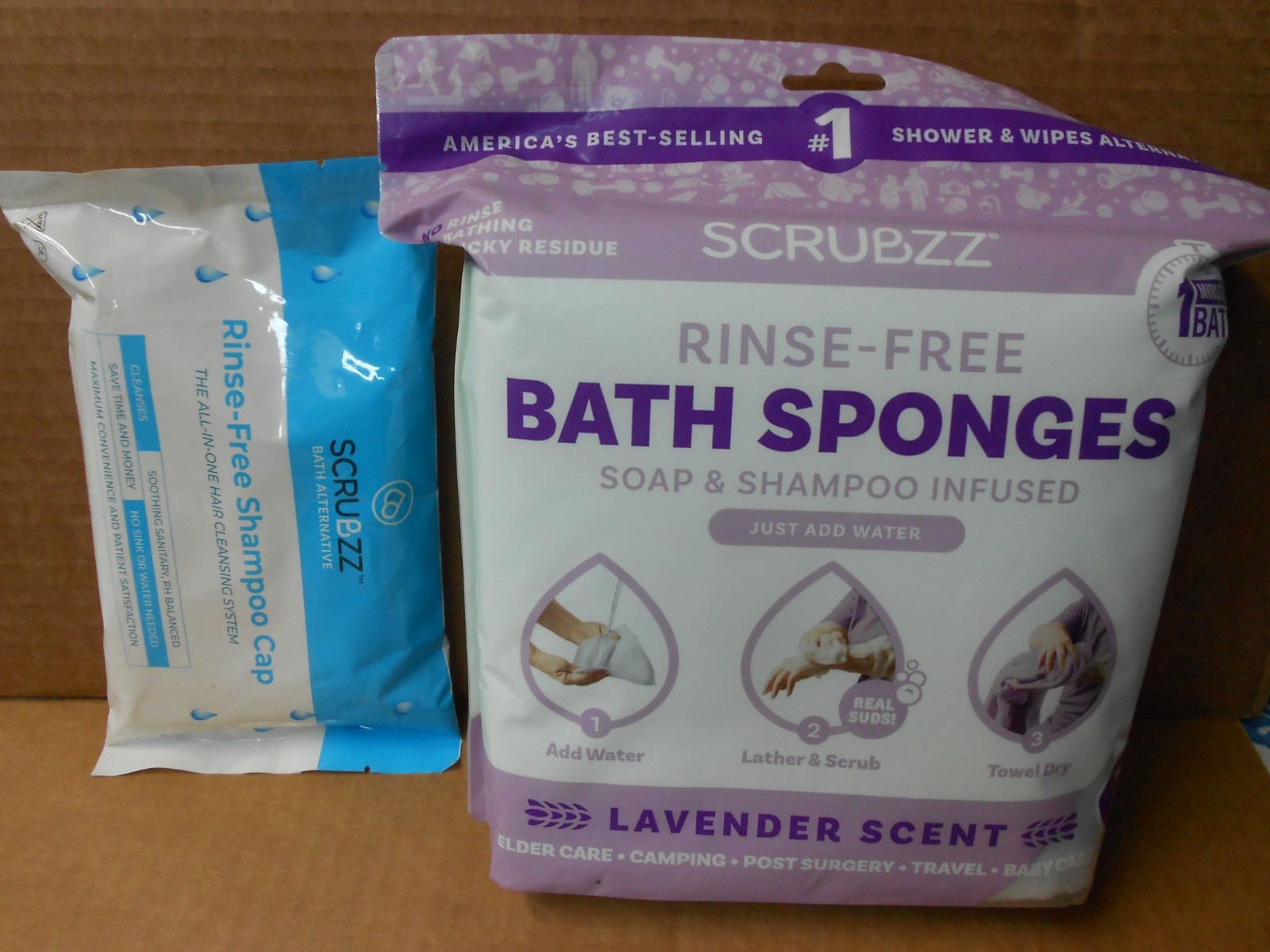 SCRUBZZ Rinse-Free BATH SPONGES 25Pk and SHAMPOO CAP