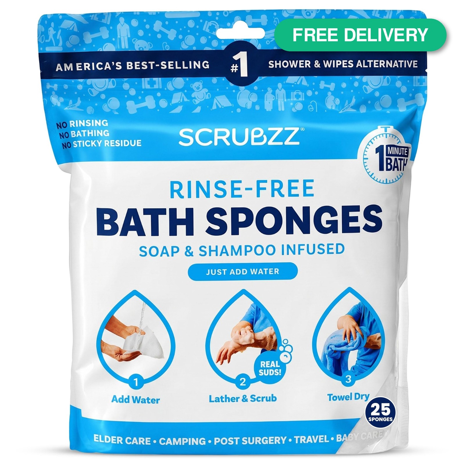 Scrubzz Disposable Rinse Free Bathing Wipes – 25 Pack – All-in-1 Single Use…