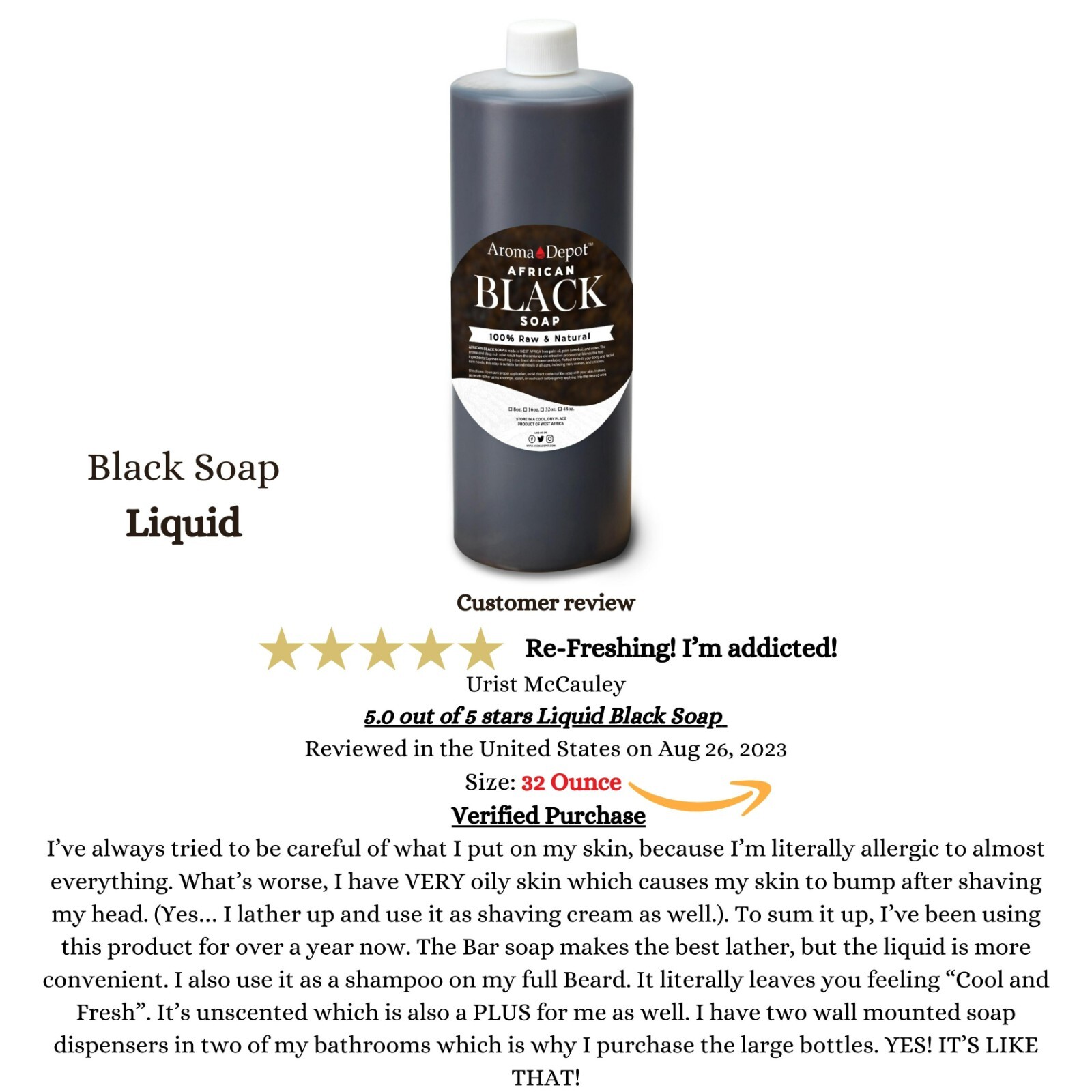 Black Soap Liquid 32 oz. Raw African Soap Natural Wash Face Body Hair Shampoo