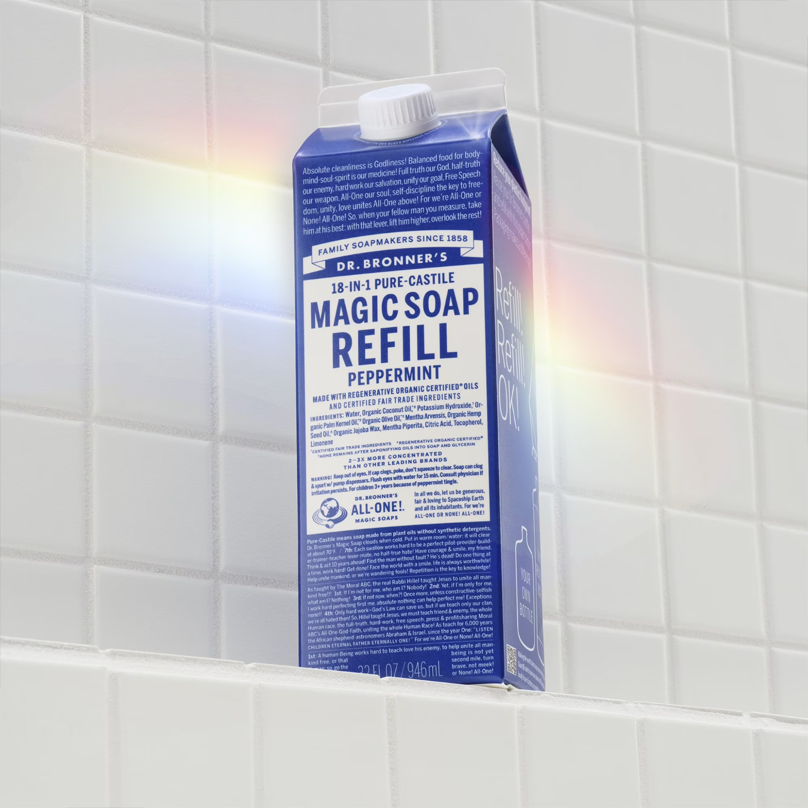 Dr. Bronner’s Peppermint Pure-Castile Liquid Soap, 32 oz, Refill Carton, 2 Pack