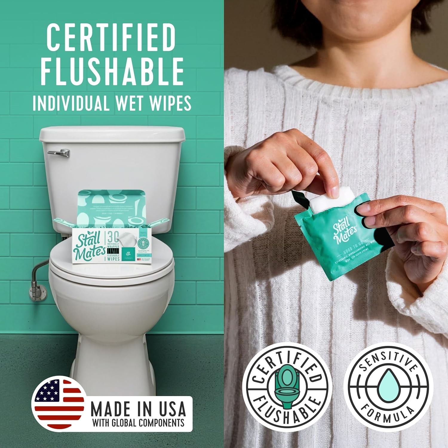 Travel-Friendly Flushable Wipes, Individually Wrapped, 30 Unscented Singles