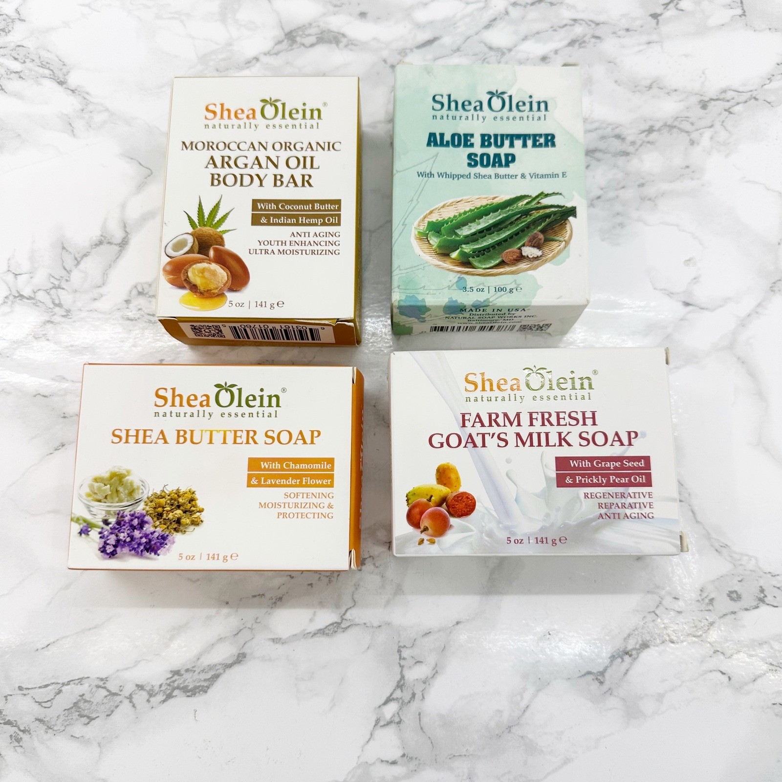 Shea Olein Body Soap Bar Set Variety 4 Pack Multi New Argan Aloe Goats Milk Shea