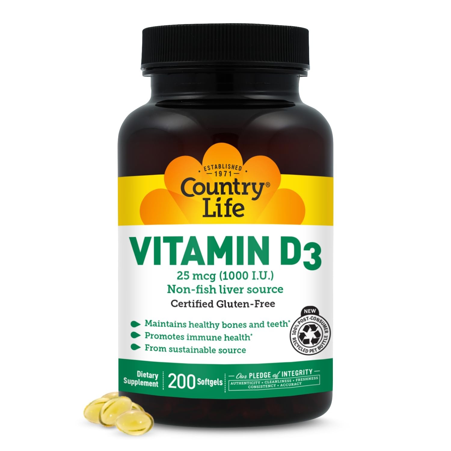 Country Life Vitamin D3 1000 IU Soft Gels, 200 Count 200 (Pack of 1)