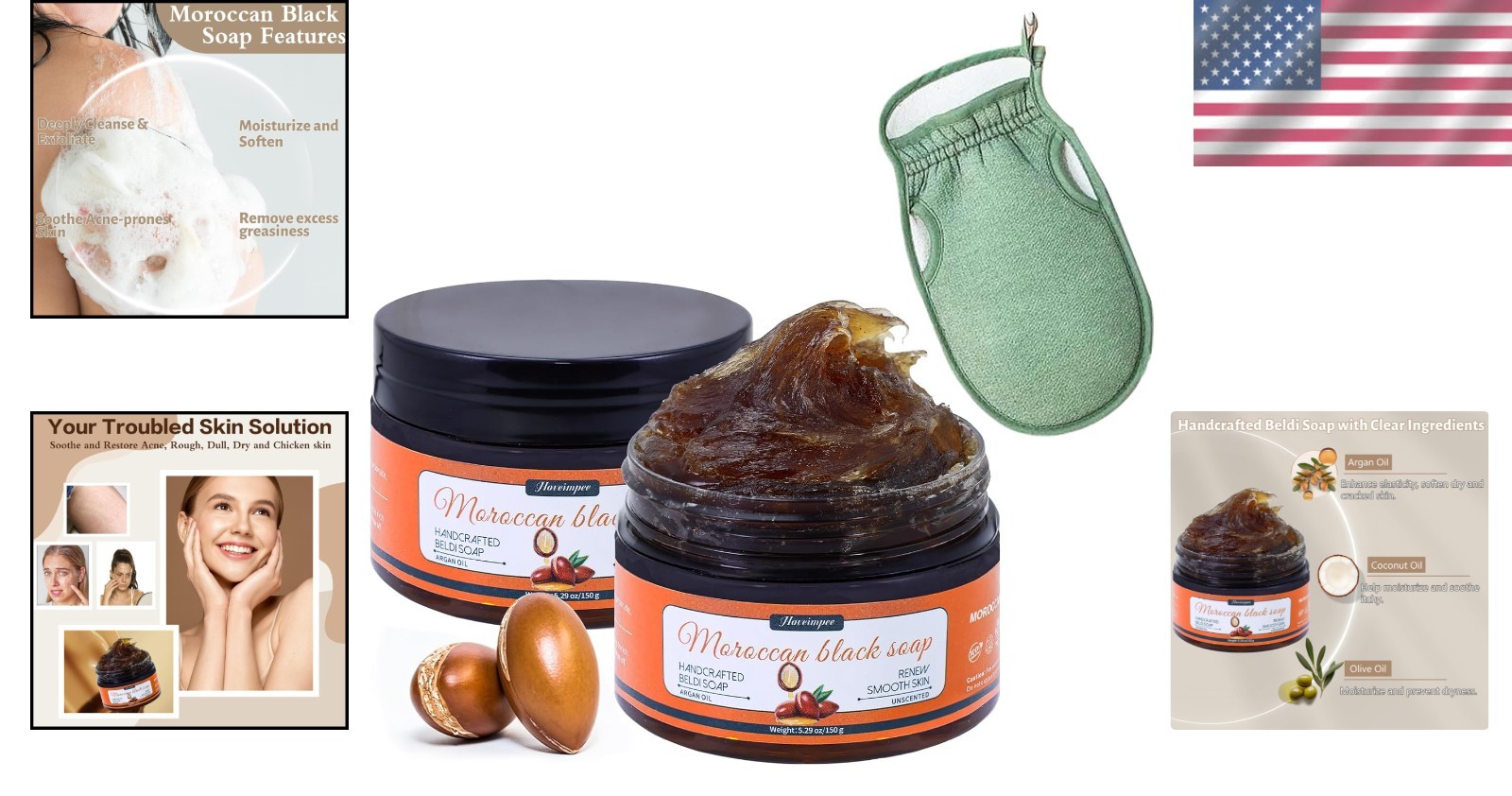 2 Pack Organic Moroccan Black Soap Soften Skin, Moisturizing Beldi Soap 5.29 oz
