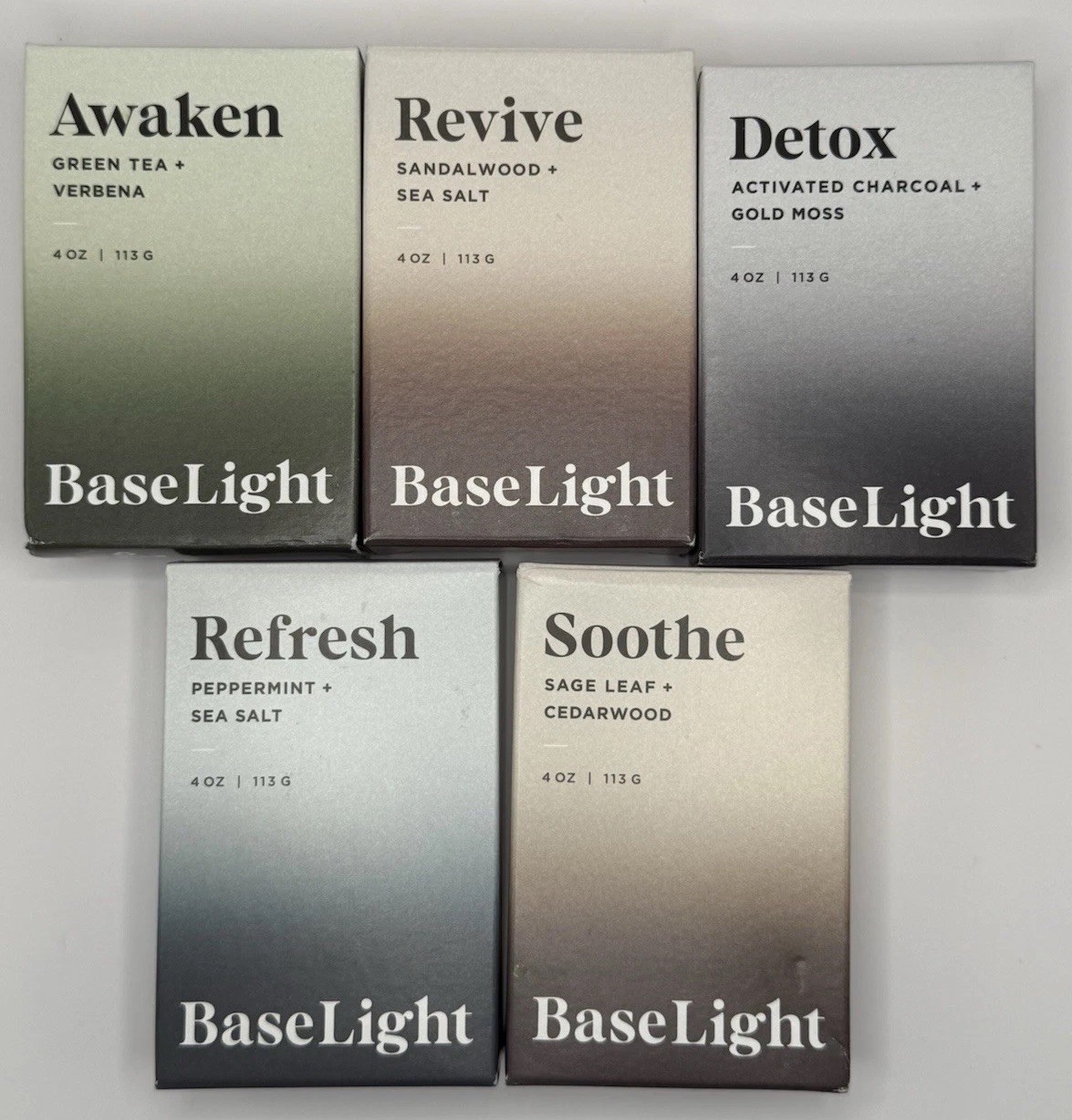 BaseLight Soap Bar Set Variety Pack 5x4oz Awaken Detox Soothe ~ New