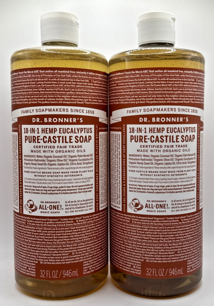 2x Dr. Bronner’s 18-in-1 Hemp Eucalyptus Pure-Castile Soap 32 Fl Oz