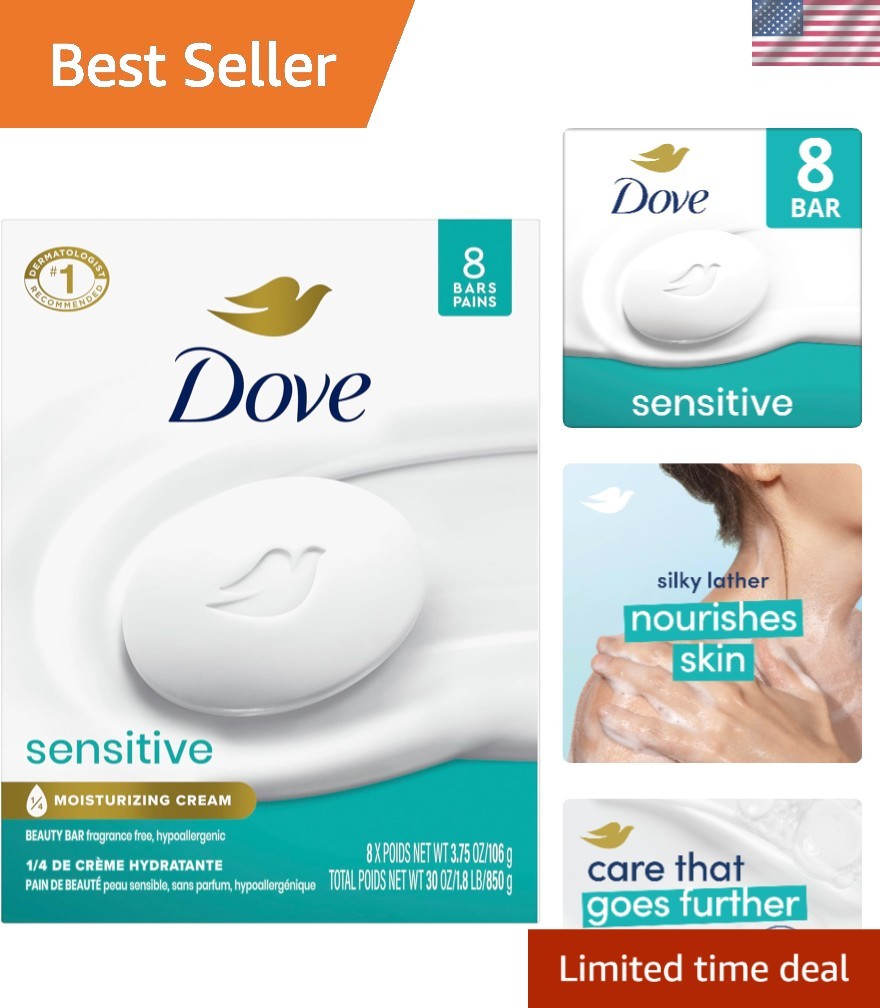 Fragrance-Free Hypoallergenic Beauty Bar Soap for Sensitive Skin (8 Bars)