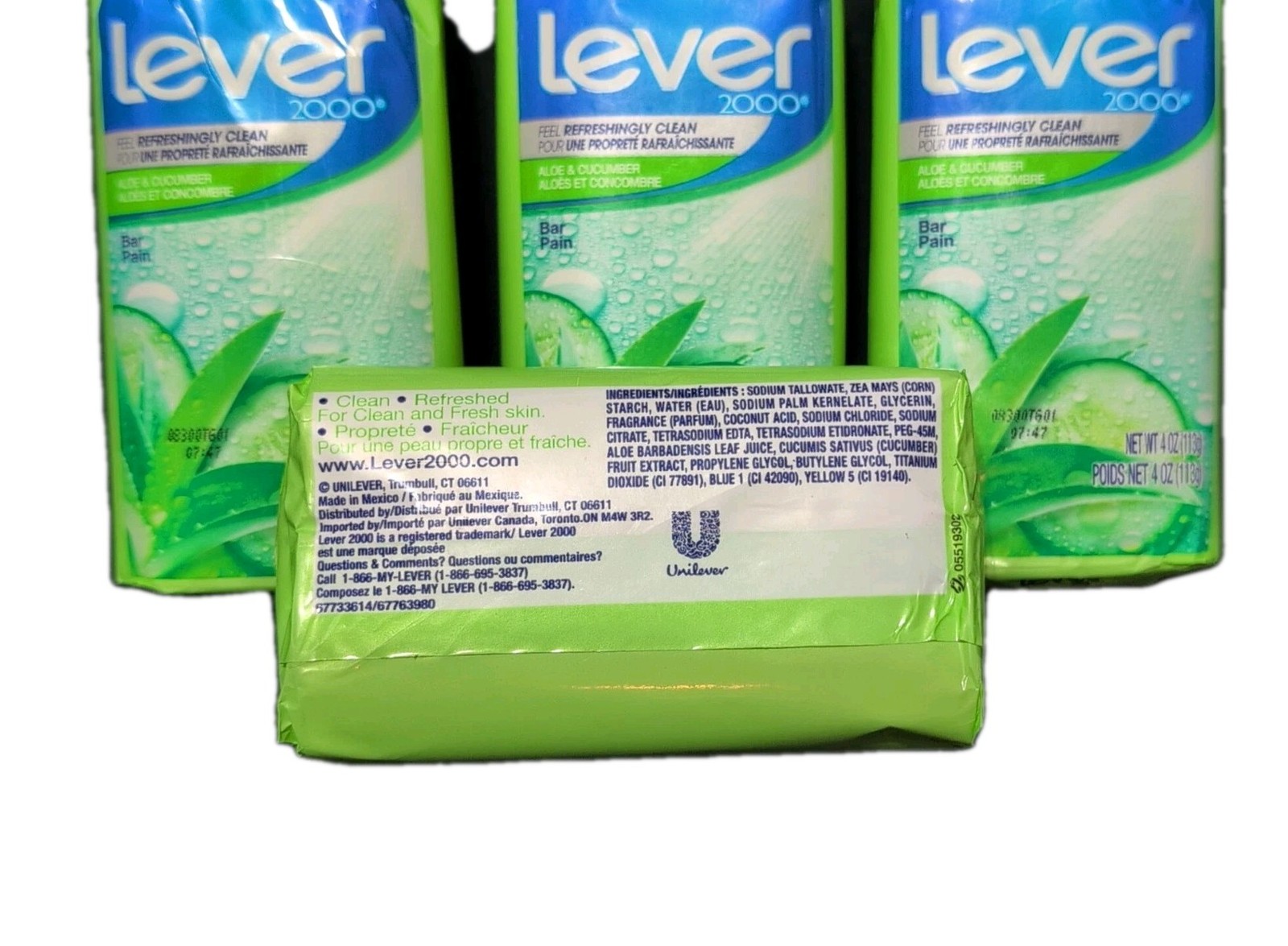 Lever 2000 Fresh Aloe Cucumber Bar Soap Made in Mexico Lot of 4 Bars 4 oz Ea HTF