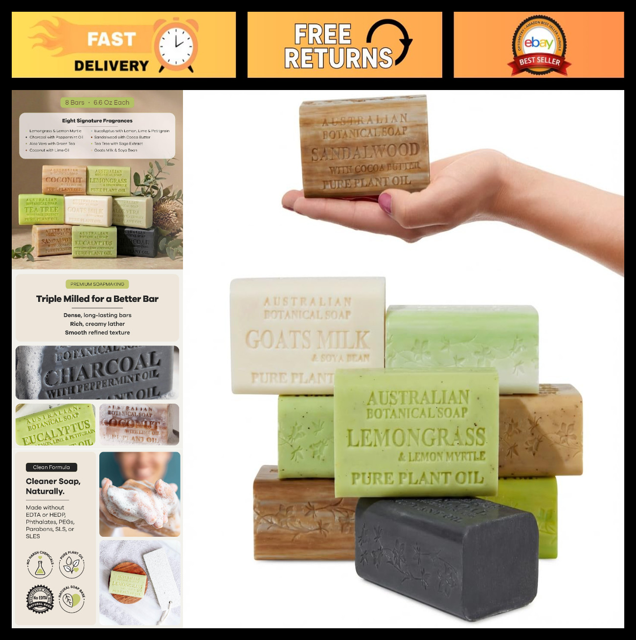 Natural Soap Variety Pack – 8 Bars, Goat Milk, Eucalyptus, Sandalwood, Aloe & Mo
