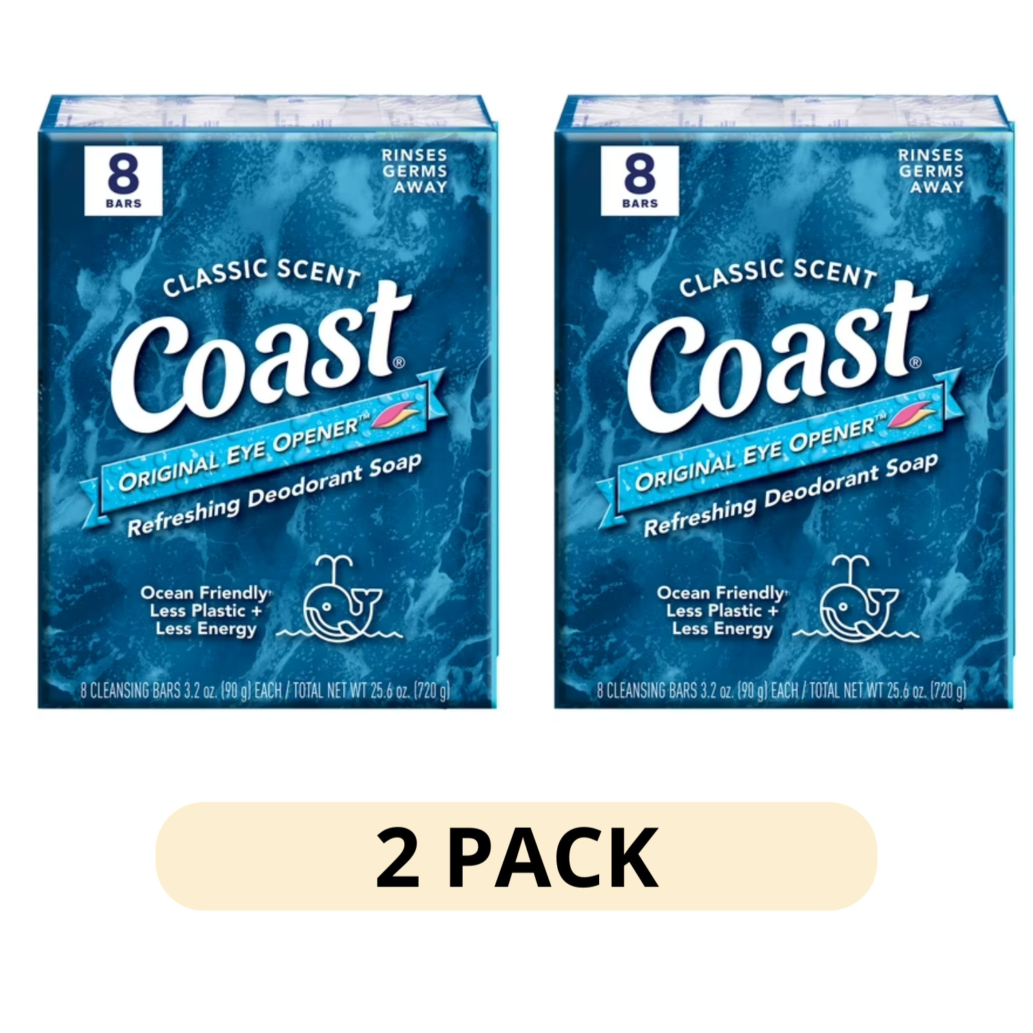 2 Pack Coast Refreshing Deodorant Bar Soap 3.2 oz, All Skin Types, 8 Bars x 2pk
