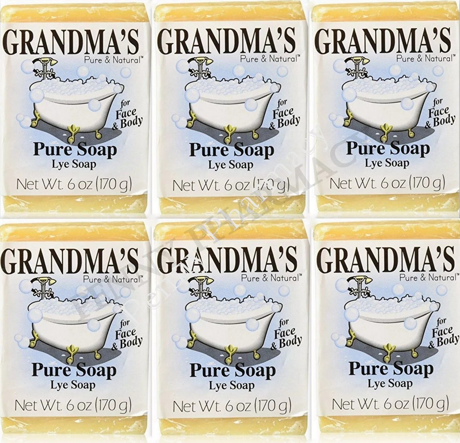 ( 6 pack ) Grandma’s Lye Soap Pure & Natural 6oz each Bar Unscented Fresh