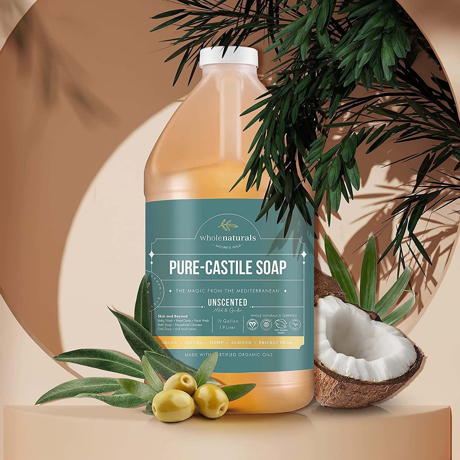 WHOLENATURALS Pure Castile Soap 64 Fl Oz Unscented Organic Vegan