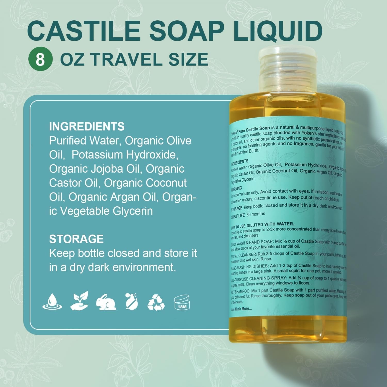 Pure Castile Liquid Soap 8 Oz Unscented with Organic Oil EWG Verified