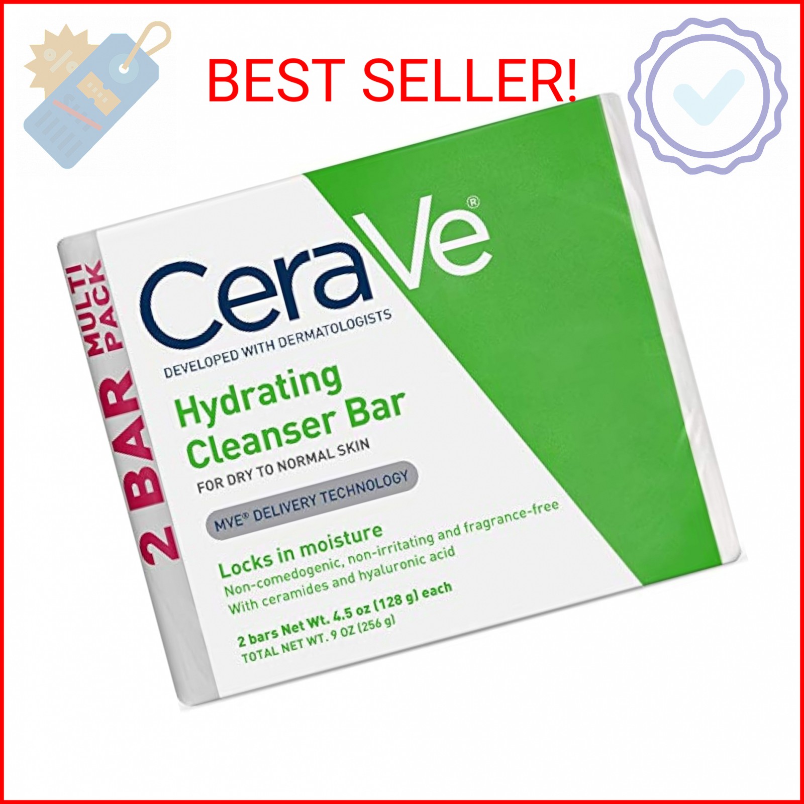 CeraVe Hydrating Cleanser Bar, Soap-Free Body and Facial Cleanser with 5% Moistu