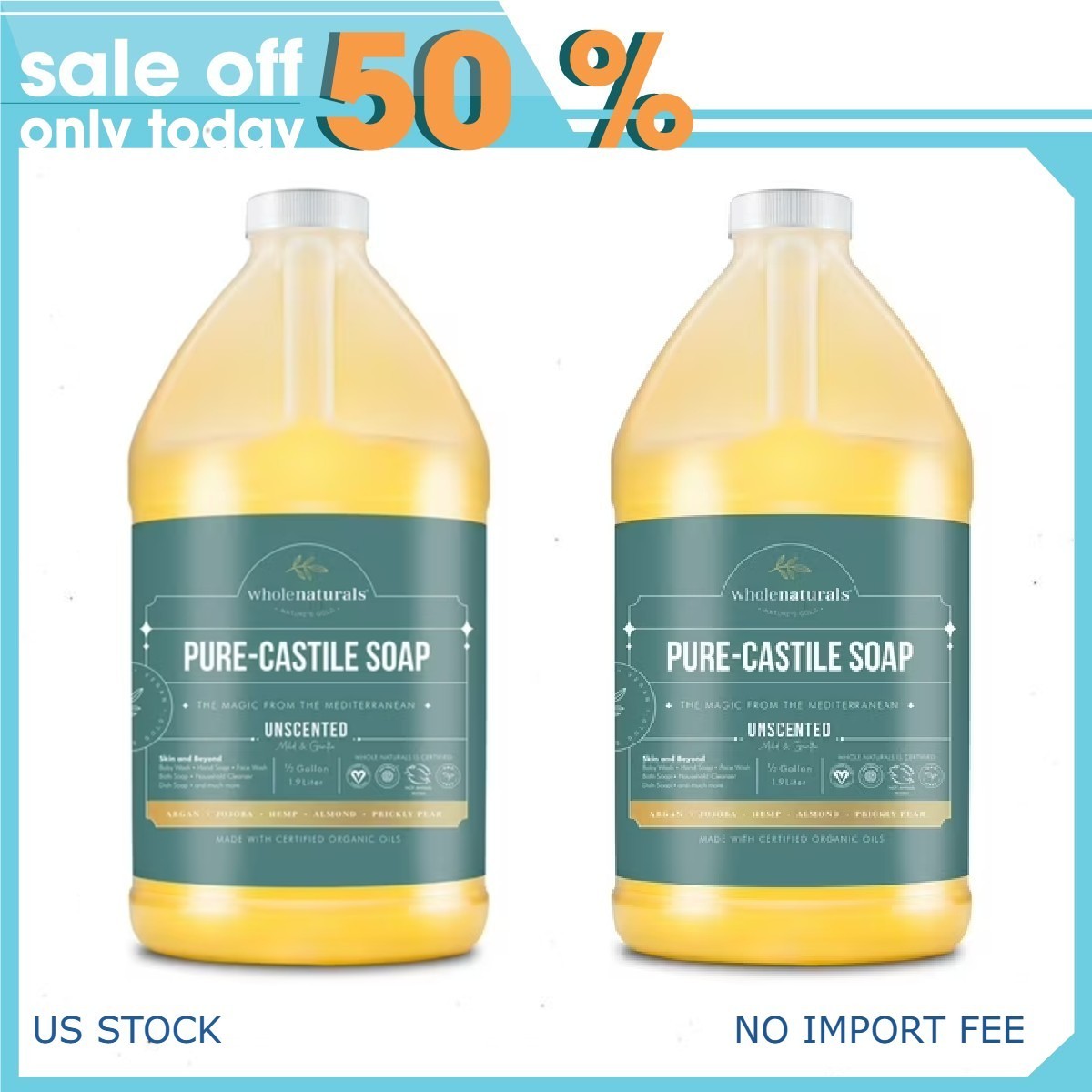 2P Pure Castile Soap Liquid, EWG Verified & Certified Palm Oil Free Unscented