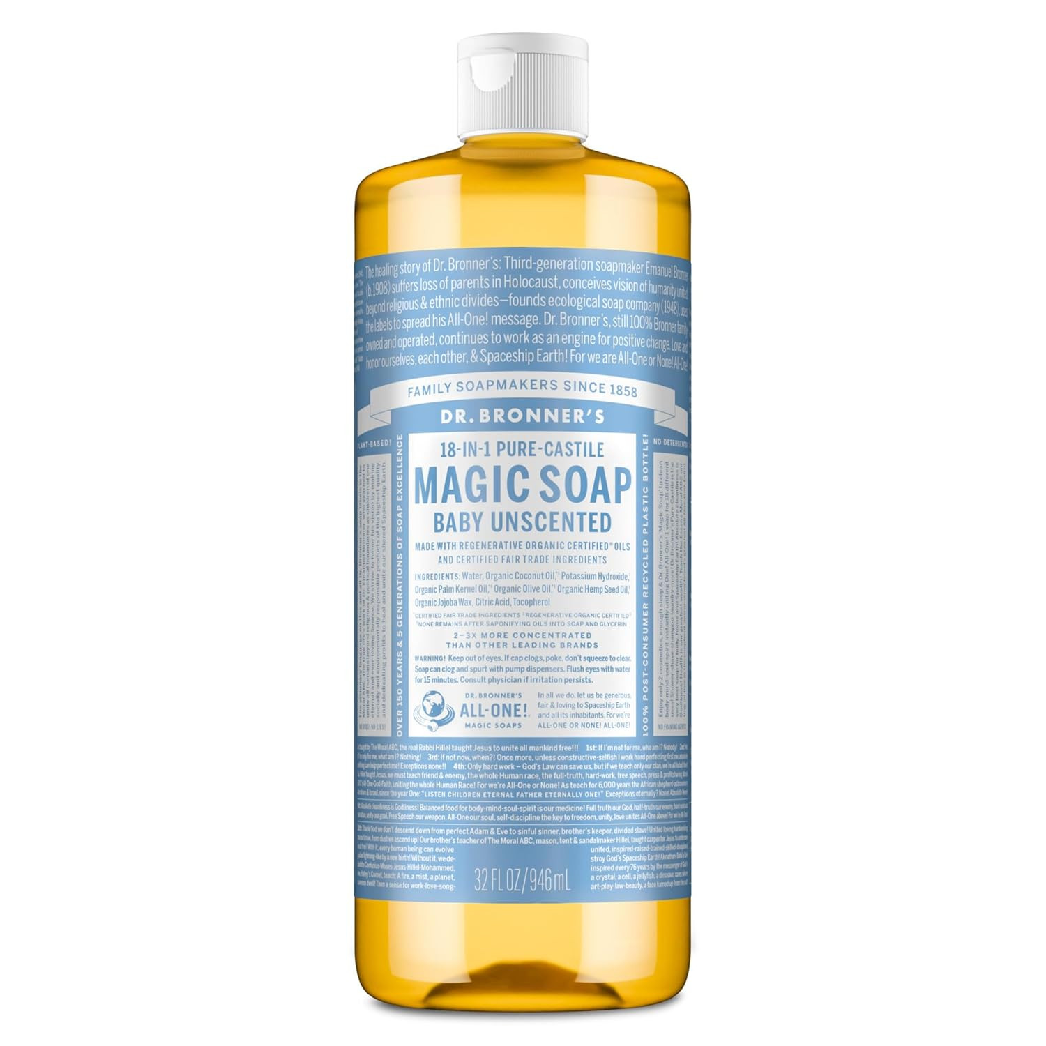Pure-Castile Magic Soap Liquid (Baby Unscented, 32 Ounce) – Made with Regenerati