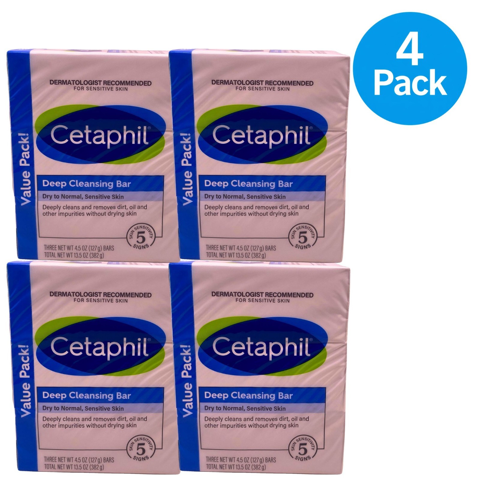 Cetaphil Deep Cleansing Bar Dry to Normal Sensitive Skin Value Pack 13.5oz 4 Pac
