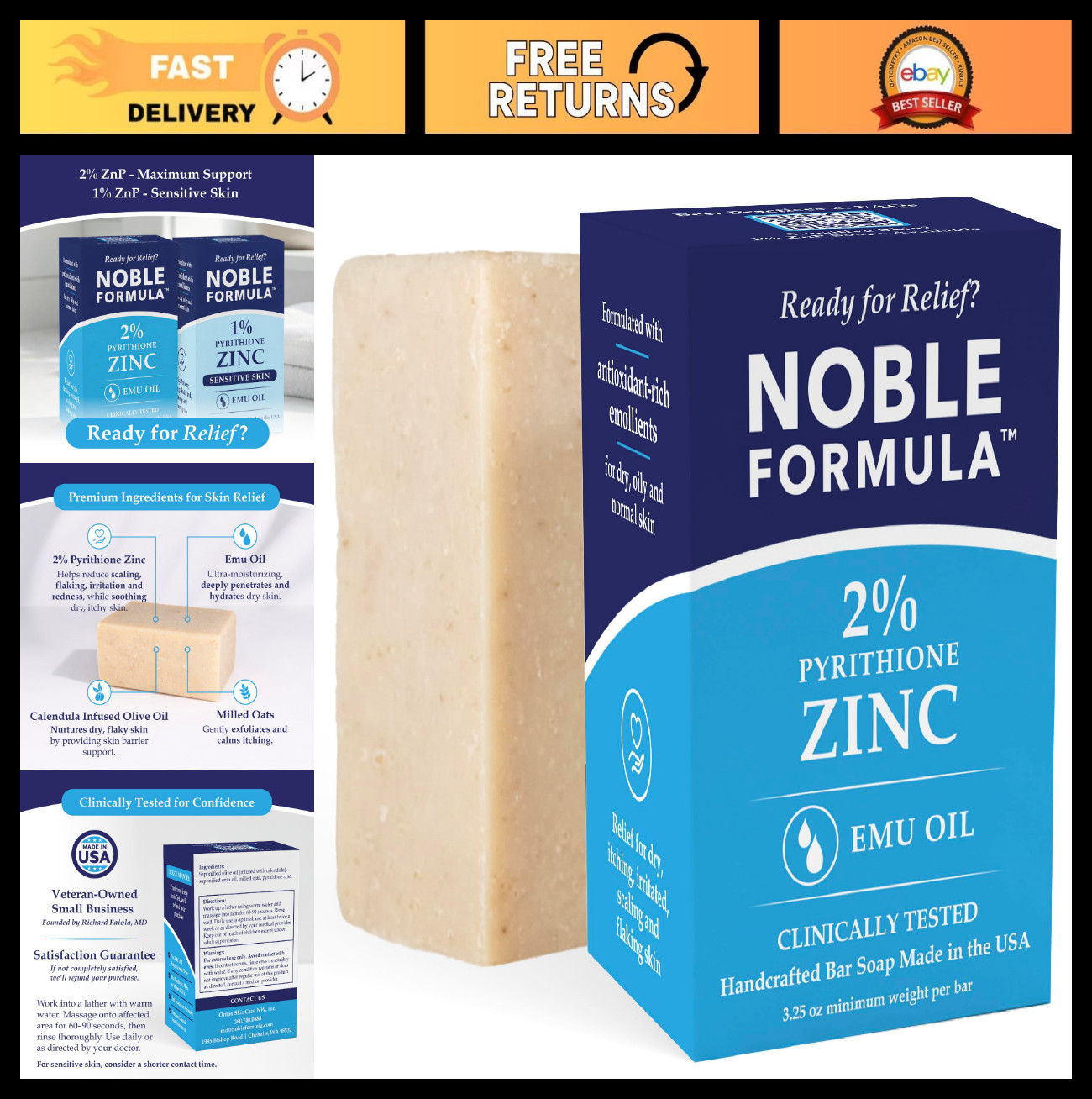 2% Pyrithione Zinc Soap Bar with Emu Oil – Face & Body Cleanser for Itchy Skin,