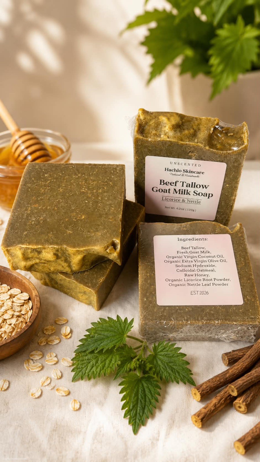 1 Bar Unscented Beef Tallow & Goat Milk Soap – Licorice & Nettle