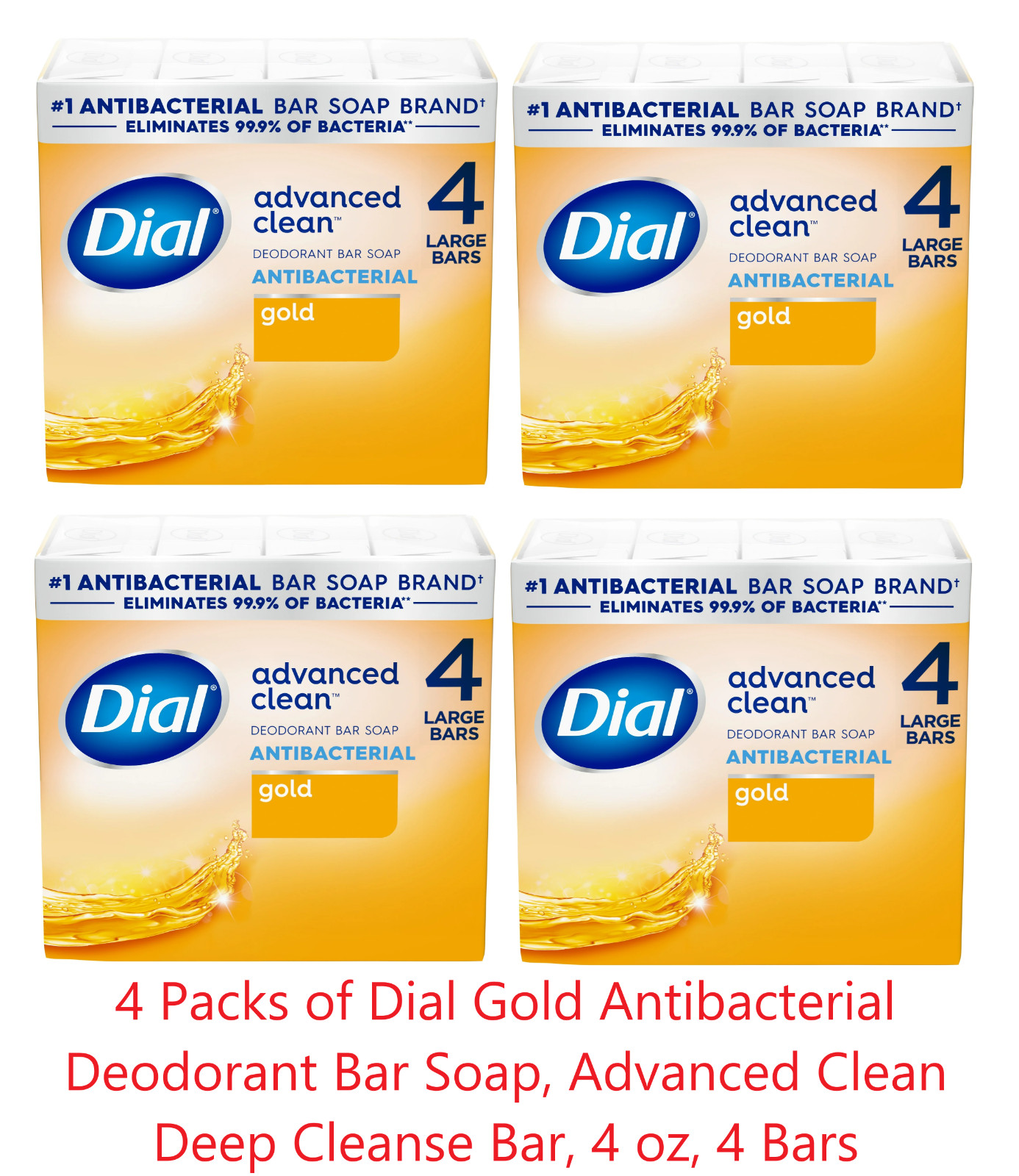 4x Dial Antibacterial Deodorant Bar Soap, Advanced Clean, Gold, 4 oz, 4 Bars