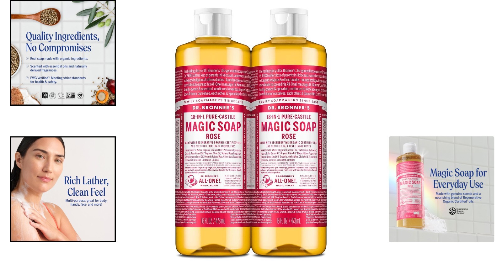 Dr. Bronner’s Rose Castile Liquid Soap 2-Pack – Multi-Use, Organic &