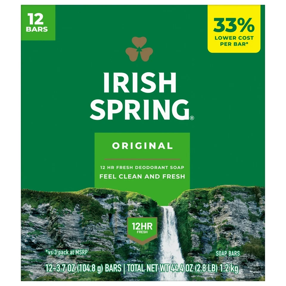 (12 Bars) Irish Spring Bar Soap for Men, Original Clean Mens Bar Soap, 3.7 Oz