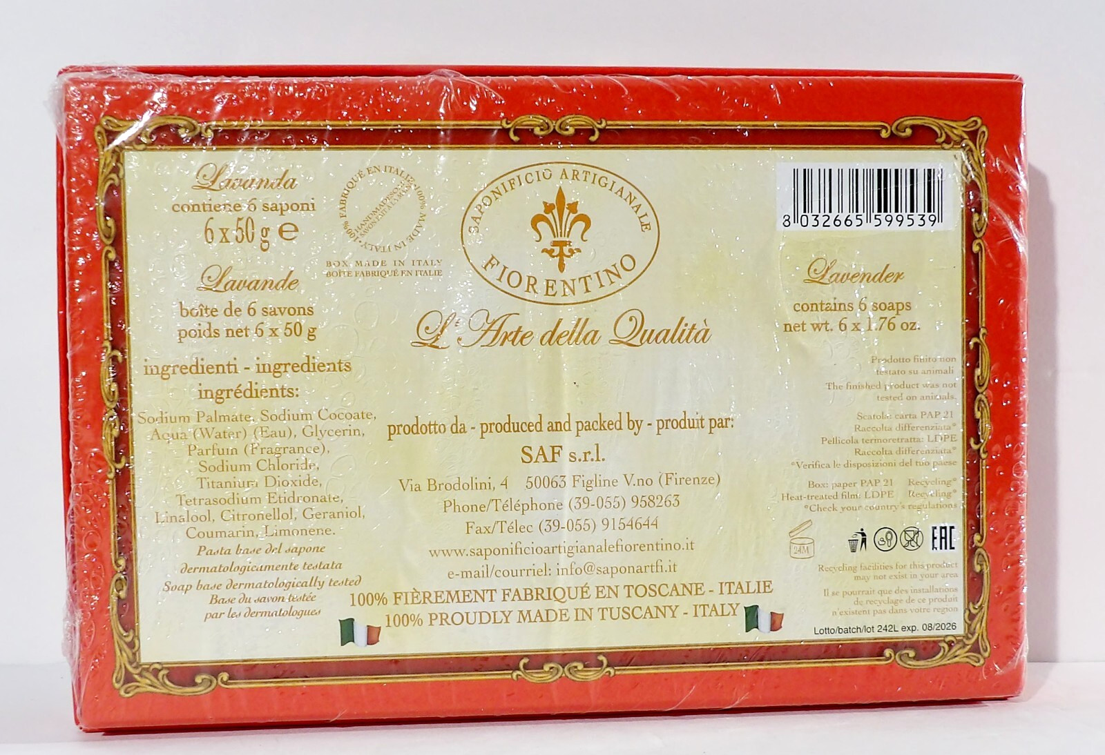 Saponificio Artigianale Fiorentino Lavender Scented Soaps 6 x 1.76 oz Italy