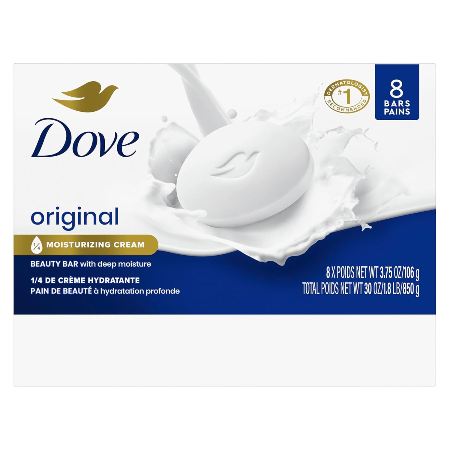 Dove Beauty Bar Soap Original 8 Count for Soft, Smooth Skin, with 1/4